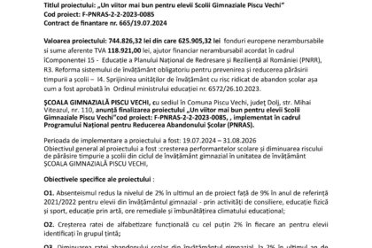 Official announcement document about completing a PNRR project for a Romanian school, shown with EU and government logos at the top.