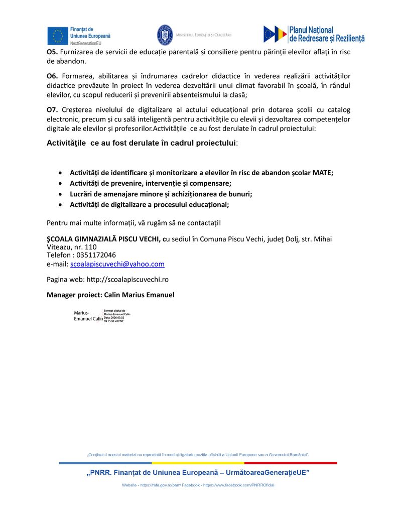 Page header with EU and Romanian government logos; Romanian text outlining education project activities and contact details.