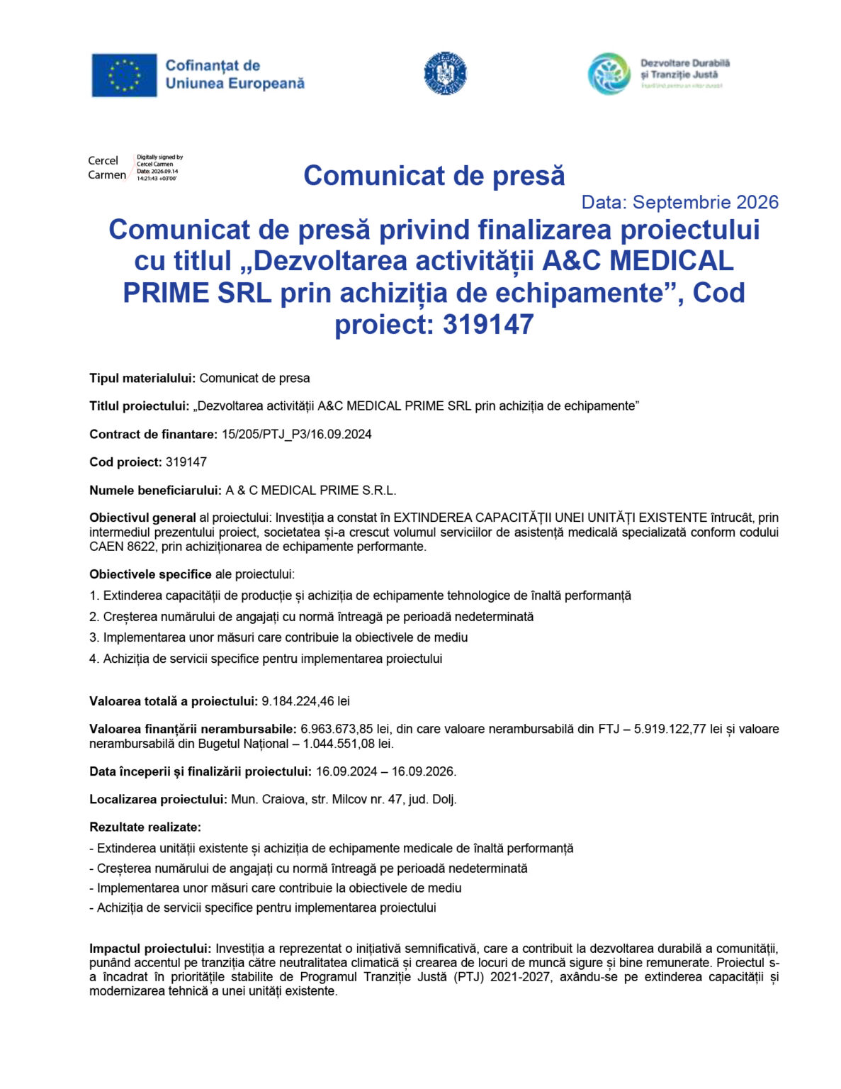 Press release page header with logos and Romanian project title about A&C MEDICAL PRIME SRL financing, Sept 2026 date visible