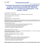 Press release page header with logos and Romanian project title about A&C MEDICAL PRIME SRL financing, Sept 2026 date visible