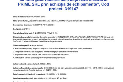 Press release page header with logos and Romanian project title about A&C MEDICAL PRIME SRL financing, Sept 2026 date visible
