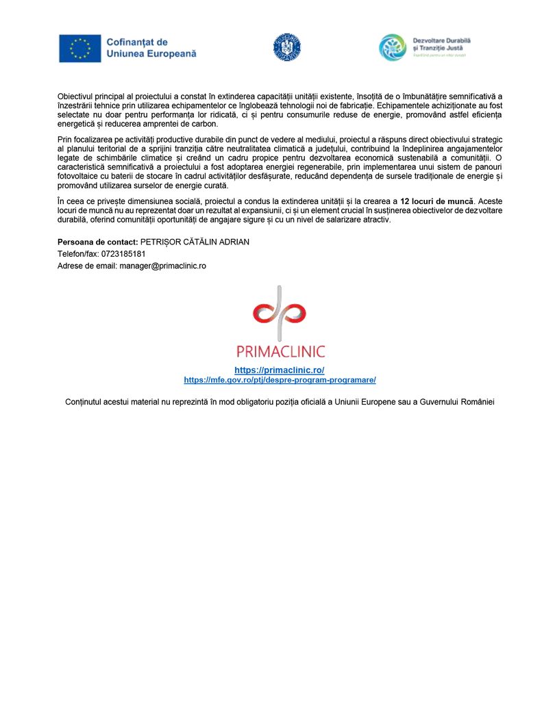 Romanian informational page with EU and partner logos at top, followed by Romanian project description and contact details including a Primaclinic logo and blue hyperlinks.