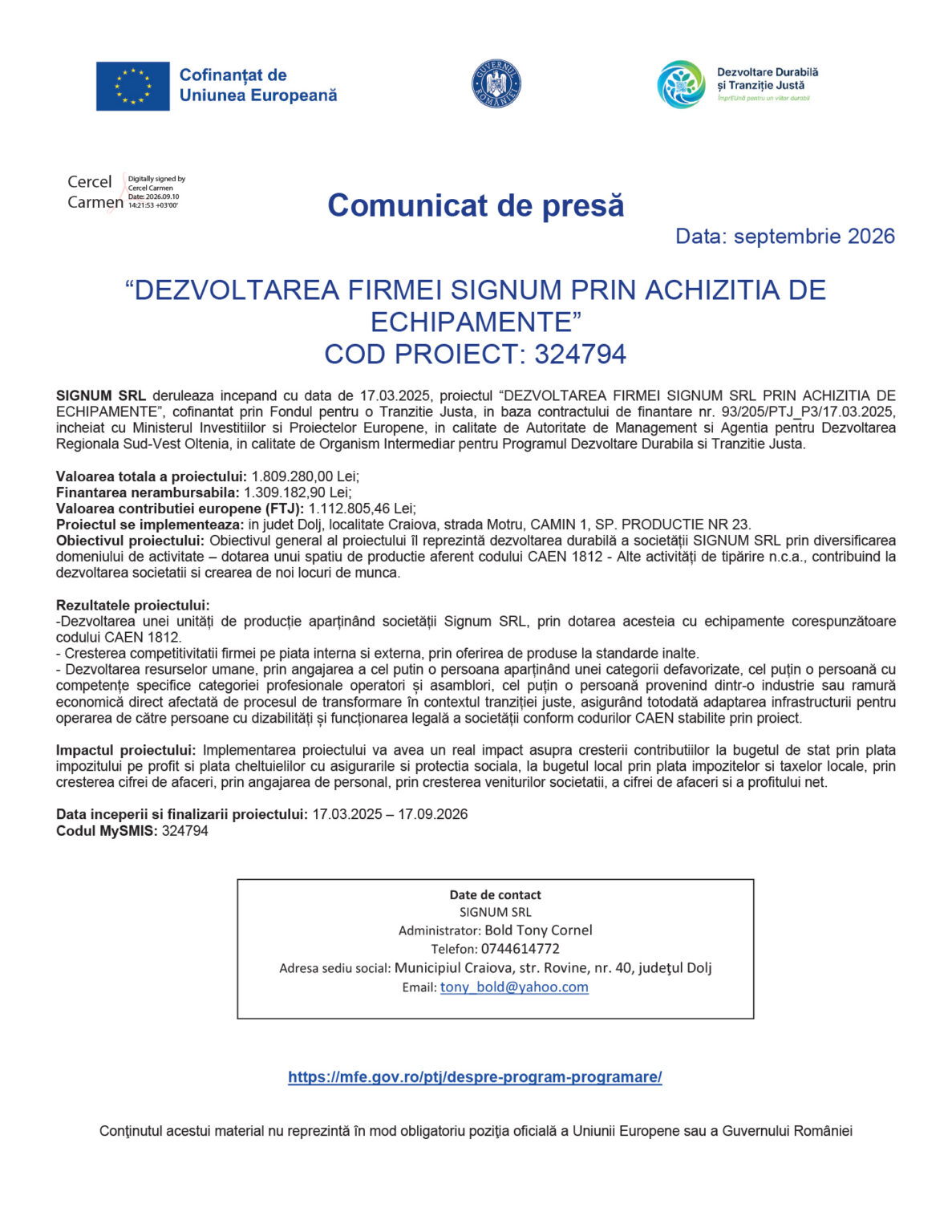 Press release cover with EU and Romanian logos, bold Romanian title about the SIGNUM project dated Septembrie 2026.