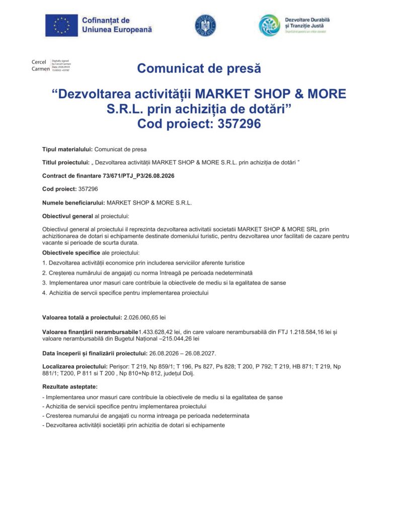 Press release header with EU and Romanian logos, title'Comunicát de presă' and project details in Romanian