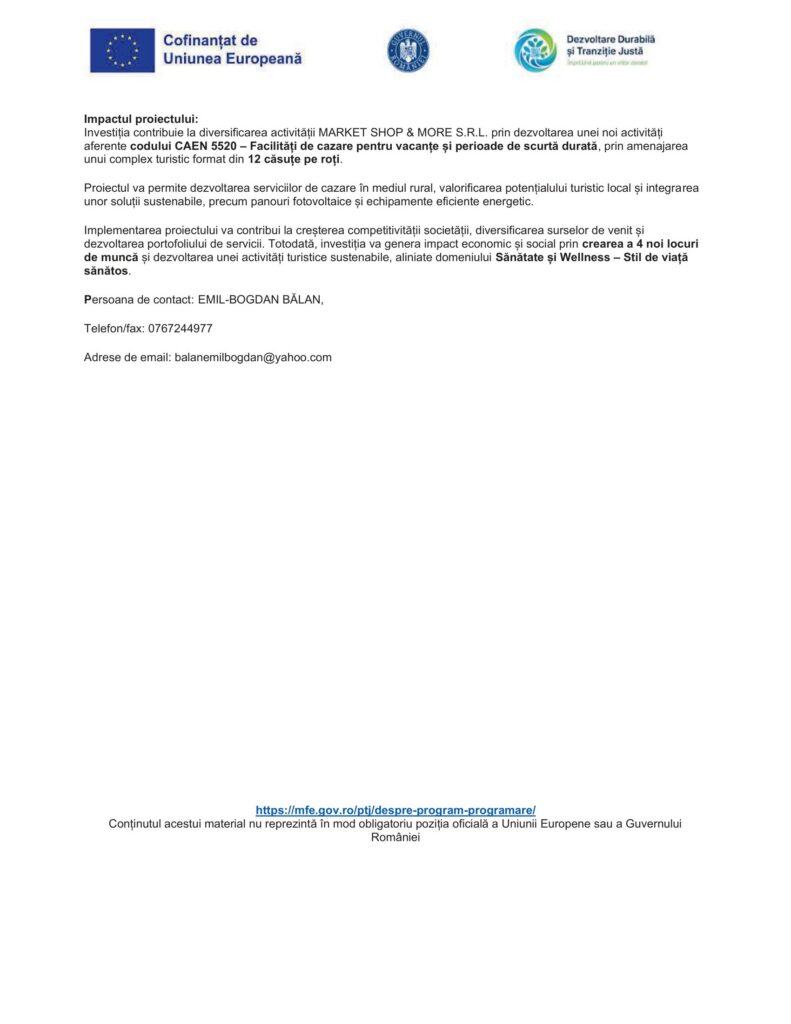 Informational page header with EU and Romanian logos, followed by Romanian project description text about CAEN 5520 and tourism opportunities.