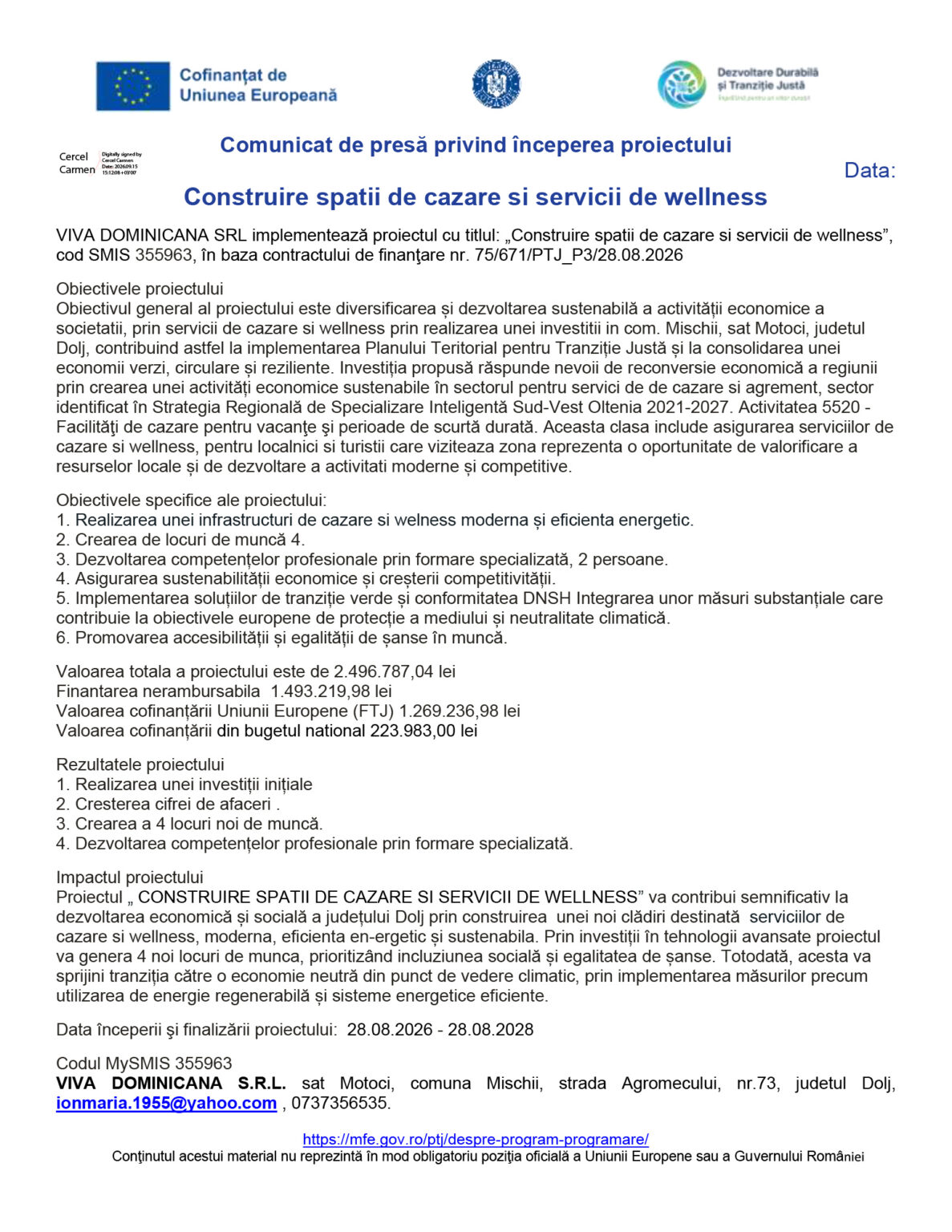 Document: press release header with logos, title in Romanian: 'Comunic... începuterea proiectului' and main heading 'Construire spatii de cazare si servicii de wellness' (informational image).