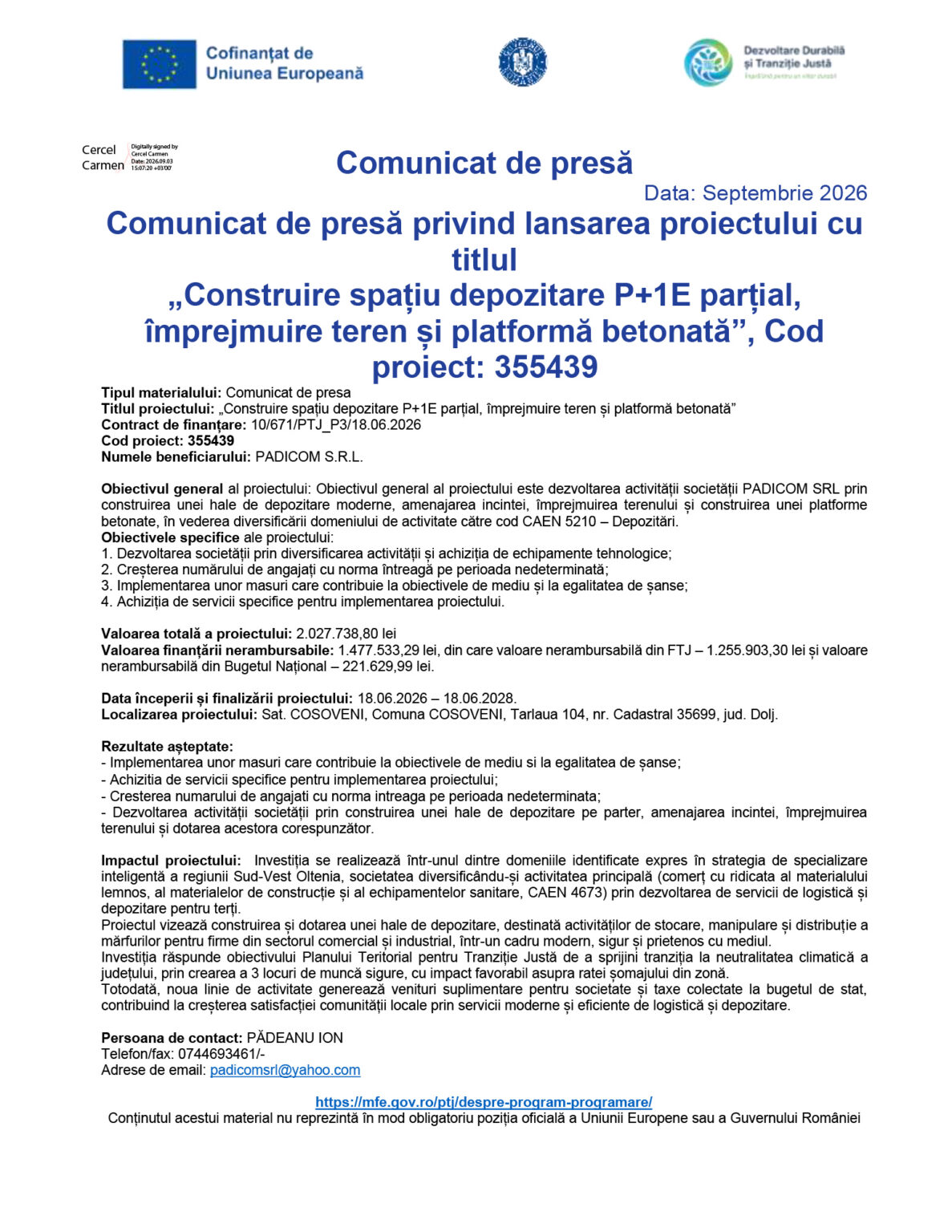 Pagina de presă în română cu siglele UE și ale autorităților; titlul anunță lansarea proiectului de depozitare P+1E.