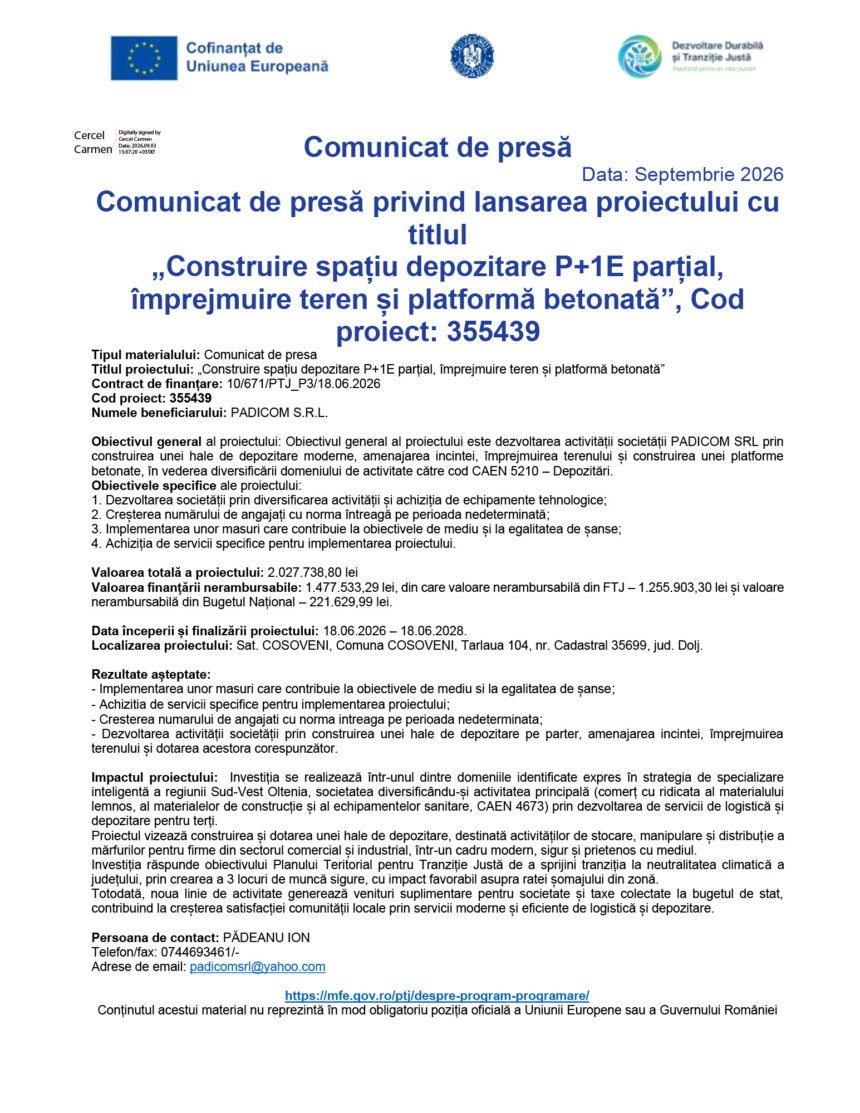 Pagina de presă în română cu siglele UE și ale autorităților; titlul anunță lansarea proiectului de depozitare P+1E.
