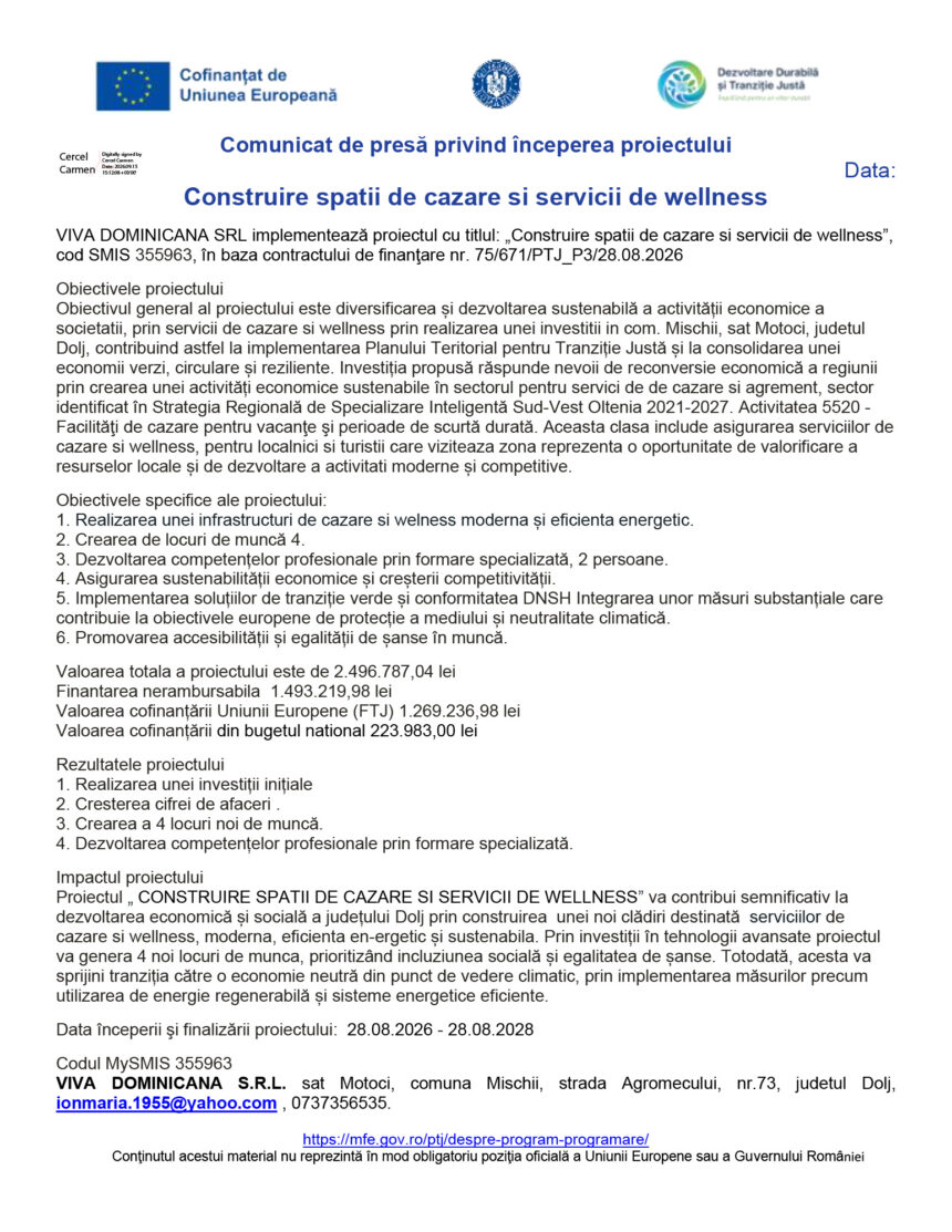 Document: press release header with logos, title in Romanian: 'Comunic... începuterea proiectului' and main heading 'Construire spatii de cazare si servicii de wellness' (informational image).
