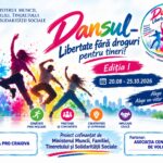 Poster promoting a youth drug-free dance event in Romania with colorful dancers and logos, reading 'Dansul — Libertate fără droguri pentru tineri!' (Ed. I, 20.08–25.10.2026)