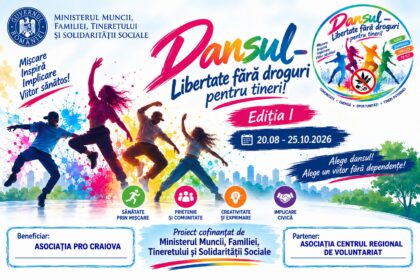 Poster promoting a youth drug-free dance event in Romania with colorful dancers and logos, reading 'Dansul — Libertate fără droguri pentru tineri!' (Ed. I, 20.08–25.10.2026)