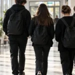 Group of students walking down a bright hallway with backpacks on, seen from behind.