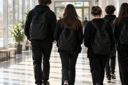 Group of students walking down a bright hallway with backpacks on, seen from behind.