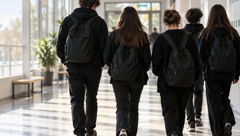 Group of students walking down a bright hallway with backpacks on, seen from behind.