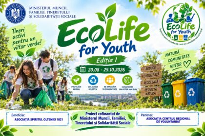 EcoLife for Youth banner showing volunteers cleaning a park and recycling bins, with event dates 20.08–25.10.2026 and organizational logos.