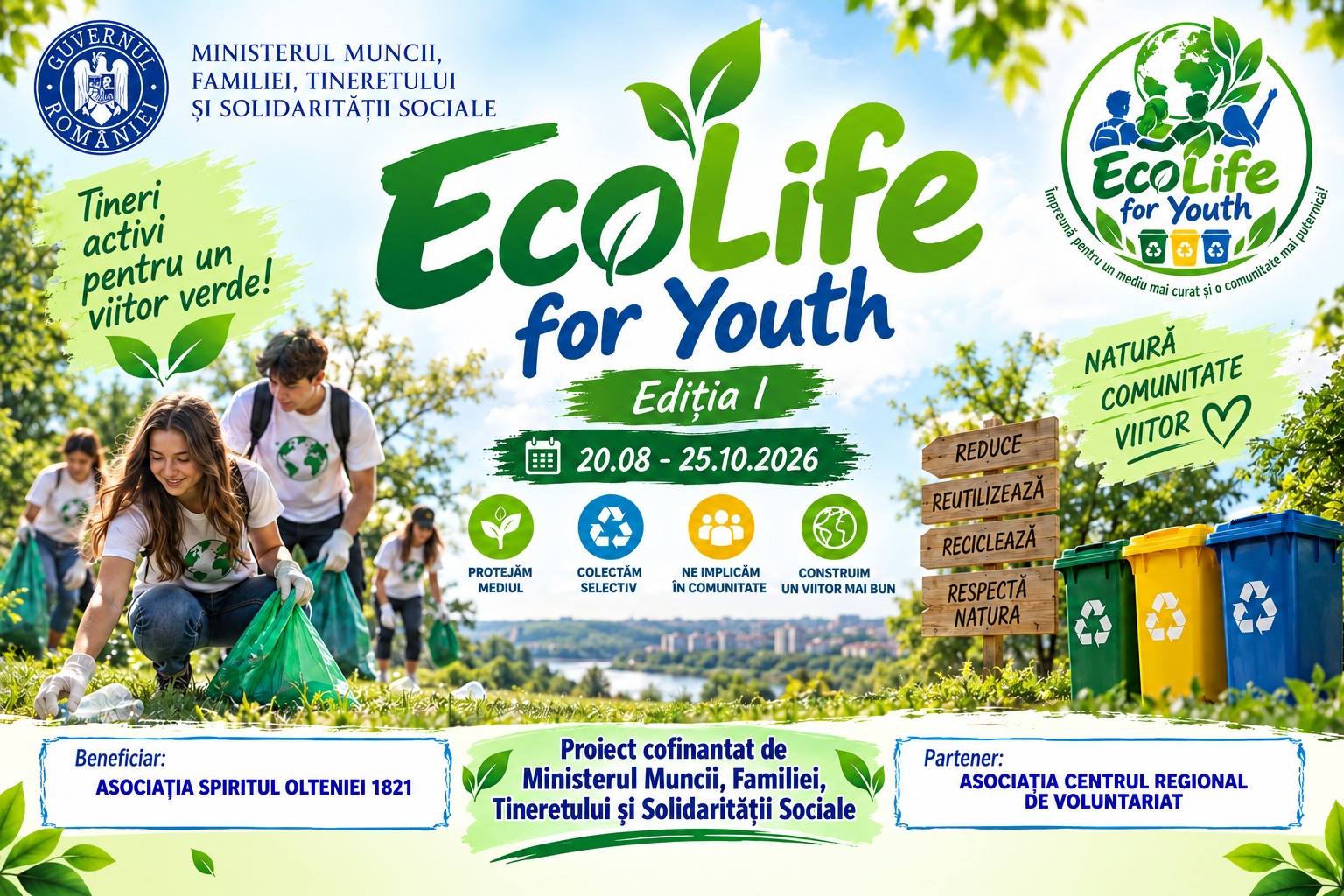 EcoLife for Youth banner showing volunteers cleaning a park and recycling bins, with event dates 20.08–25.10.2026 and organizational logos.