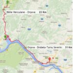 Map showing a road route from Băile Herculane to Orșova with a 22 km distance marker (A) and a red line along the Danube valley; nearby towns labeled.