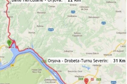 Map showing a road route from Băile Herculane to Orșova with a 22 km distance marker (A) and a red line along the Danube valley; nearby towns labeled.