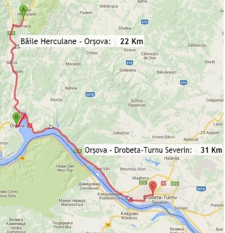 Map showing a road route from Băile Herculane to Orșova with a 22 km distance marker (A) and a red line along the Danube valley; nearby towns labeled.