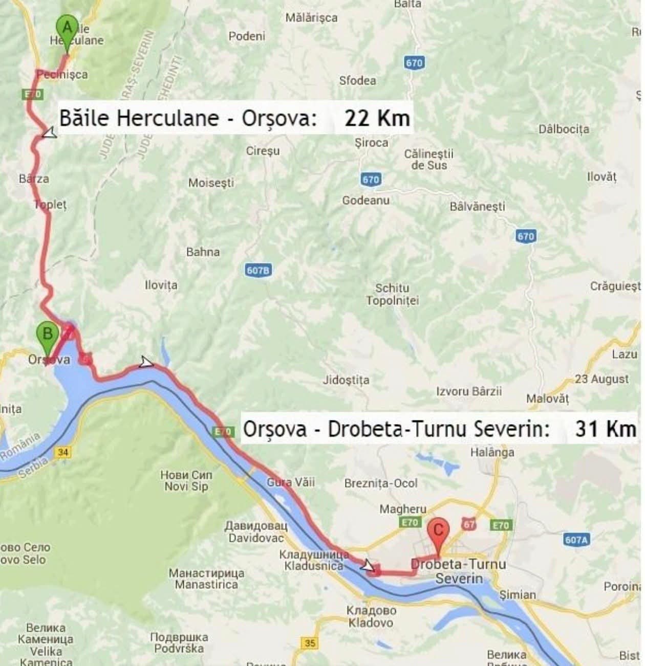 Map showing a road route from Băile Herculane to Orșova with a 22 km distance marker (A) and a red line along the Danube valley; nearby towns labeled.