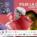 Colorful collage poster advertising a film festival at Conac Neamt, with vintage camera, accordion, flowers and bold white text in Romanian.
