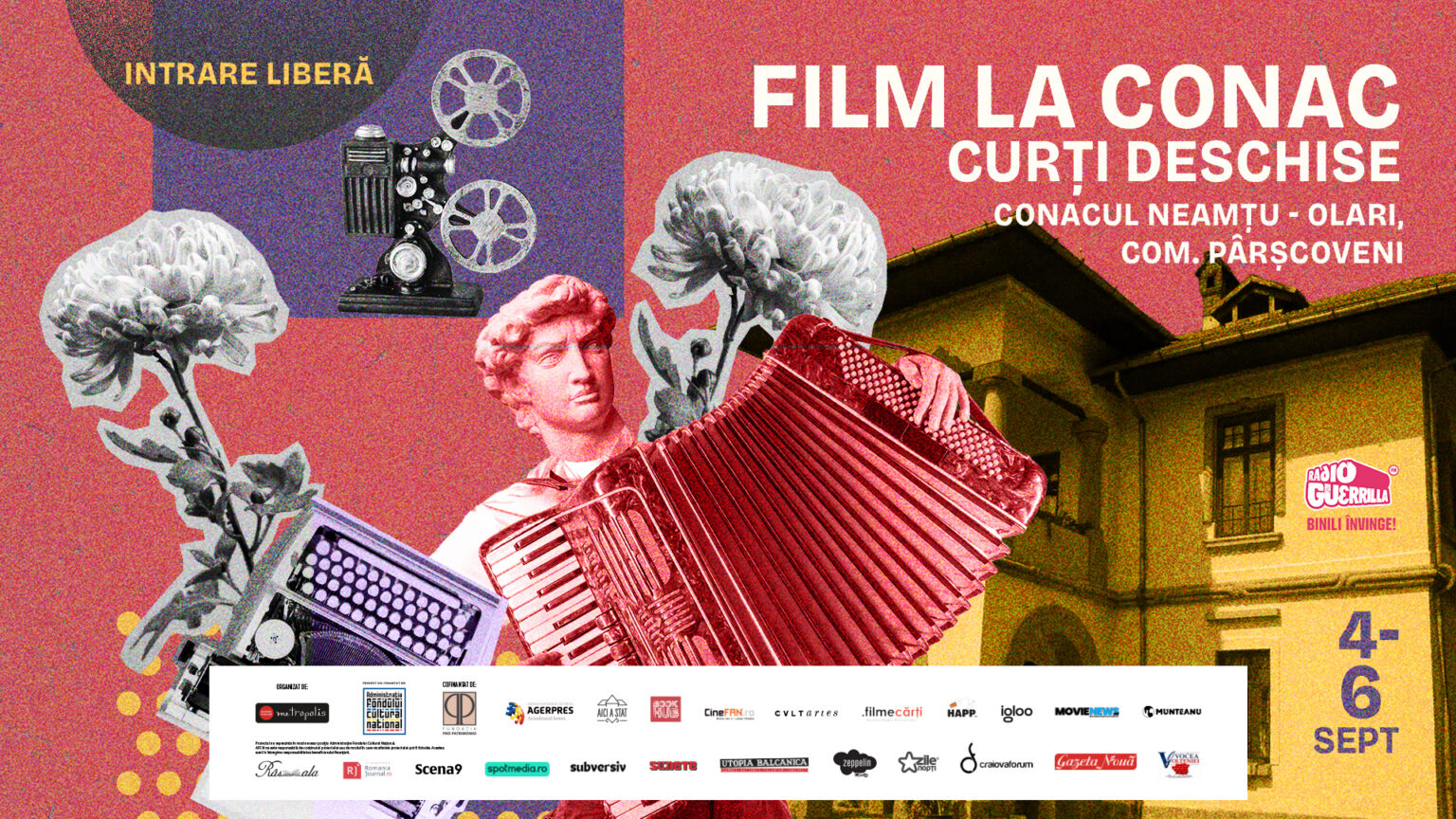 Colorful collage poster advertising a film festival at Conac Neamt, with vintage camera, accordion, flowers and bold white text in Romanian.