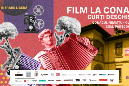 Colorful collage poster advertising a film festival at Conac Neamt, with vintage camera, accordion, flowers and bold white text in Romanian.