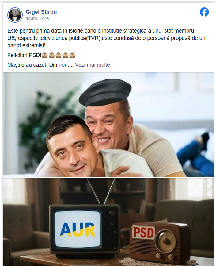 Two men smiling and hugging indoors; below, a retro TV labeled 'AUR' and a vintage radio labeled 'PSD', implying political messaging or alliance.