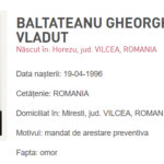 Portrait of BaltaTeanu Gheorghe Vladut on a profile card, showing birth date, residence, and arrest reason (preventive detention for murder).