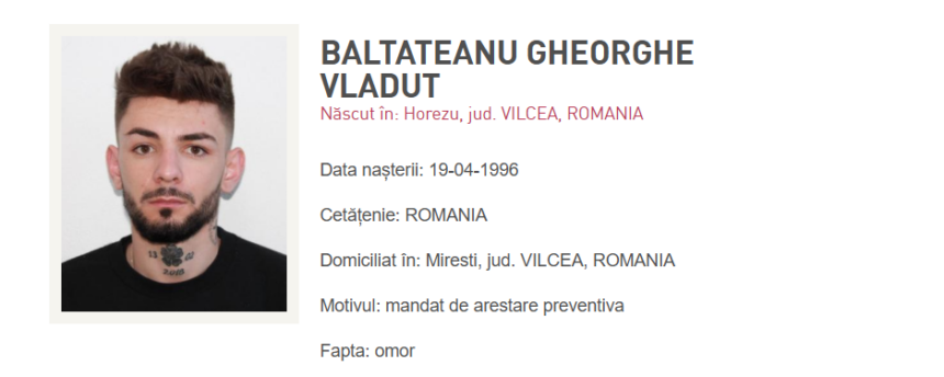 Portrait of BaltaTeanu Gheorghe Vladut on a profile card, showing birth date, residence, and arrest reason (preventive detention for murder).