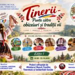 Poster advertising a Romanian cultural festival with a couple in traditional dress holding hands against a rural landscape, featuring the title 'Tinerii—Punte către obiceiuri și tradiții vii' and circular activity icons; dates 20.08–25.10.2026.