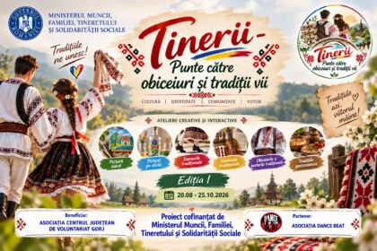 Poster advertising a Romanian cultural festival with a couple in traditional dress holding hands against a rural landscape, featuring the title 'Tinerii—Punte către obiceiuri și tradiții vii' and circular activity icons; dates 20.08–25.10.2026.
