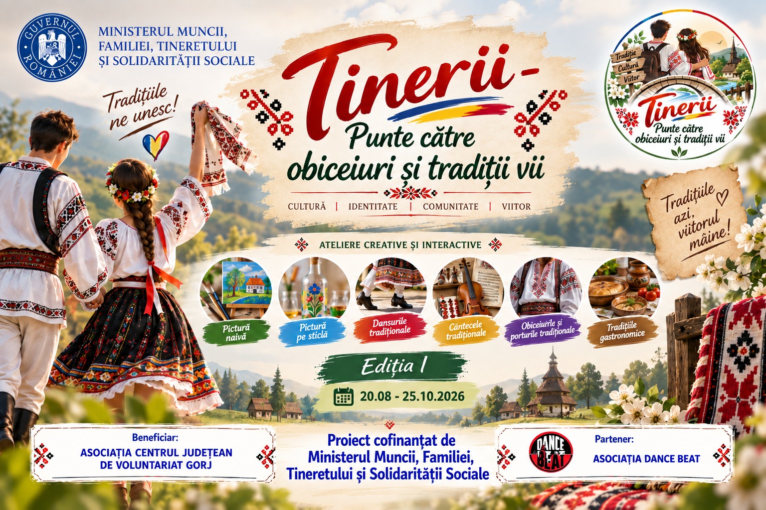Poster advertising a Romanian cultural festival with a couple in traditional dress holding hands against a rural landscape, featuring the title 'Tinerii—Punte către obiceiuri și tradiții vii' and circular activity icons; dates 20.08–25.10.2026.