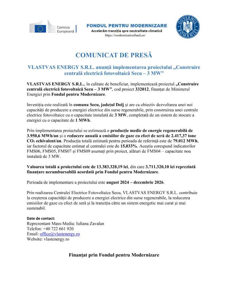 Official press release header featuring EU logos and the Romanian government seal above Romanian text announcing a photovoltaic project (VLASTVAS ENERGY).