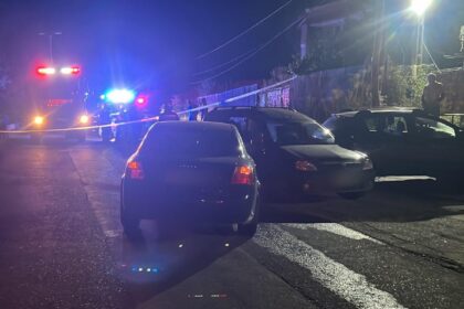 Nighttime street scene with flashing red and blue emergency lights, yellow tape cordoning off the area, and parked cars along the road outside a house.