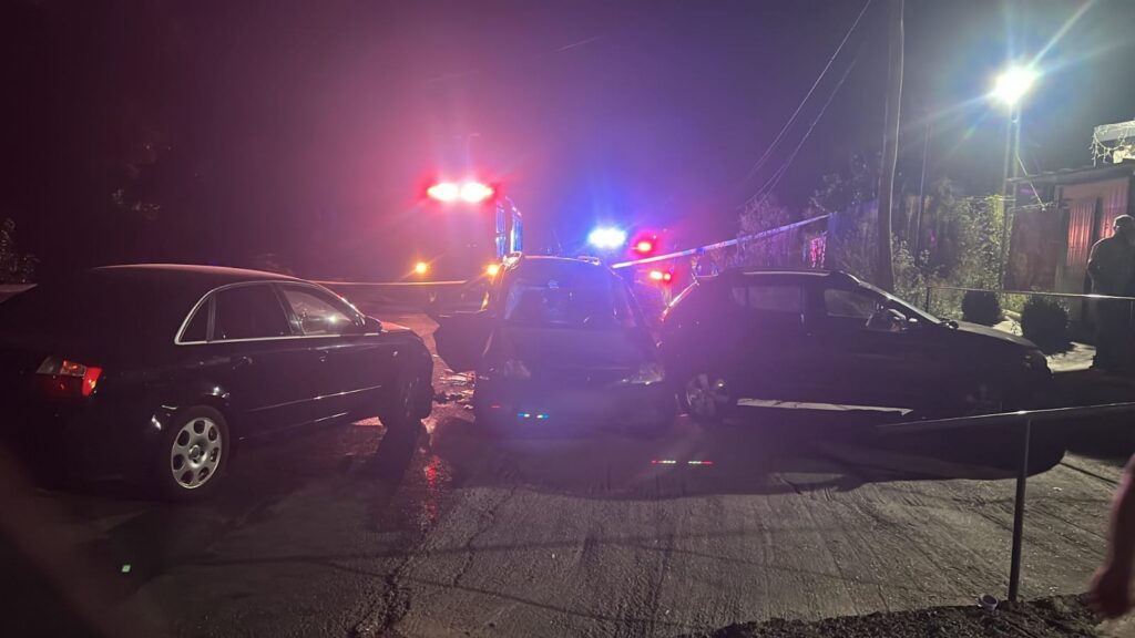 Nighttime street scene with multiple cars and flashing emergency lights, police tape outlining the area, and bystanders nearby.