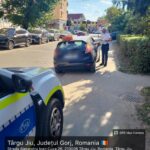 Police officer in a white uniform checks documents with a driver beside a blue car on a sunny street lined with parked cars.