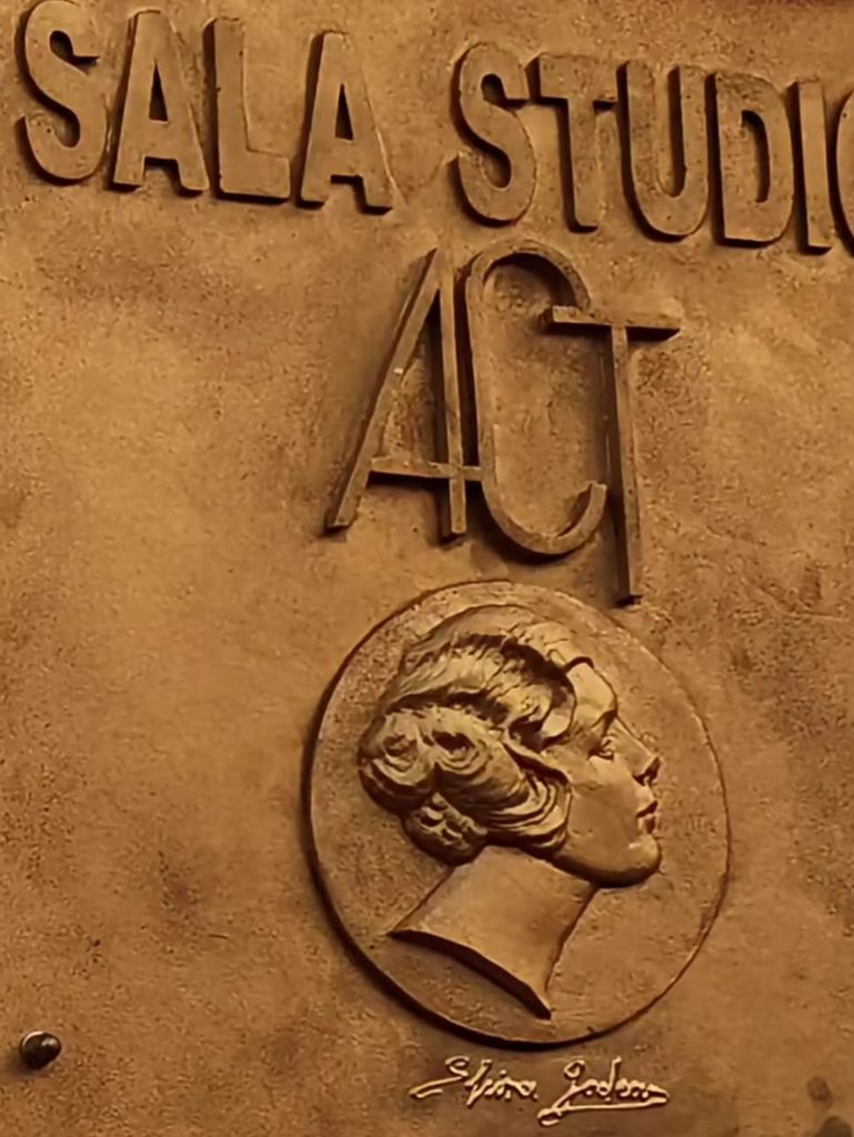 WhatsApp Image 2026-09-21 at 021016 5 - Jurnalul Olteniei – Știri din Craiova și Oltenia Bronze plaque with 'SALA STUDIO' text, a large 'AU' emblem, and a circular relief portrait of a woman in profile.