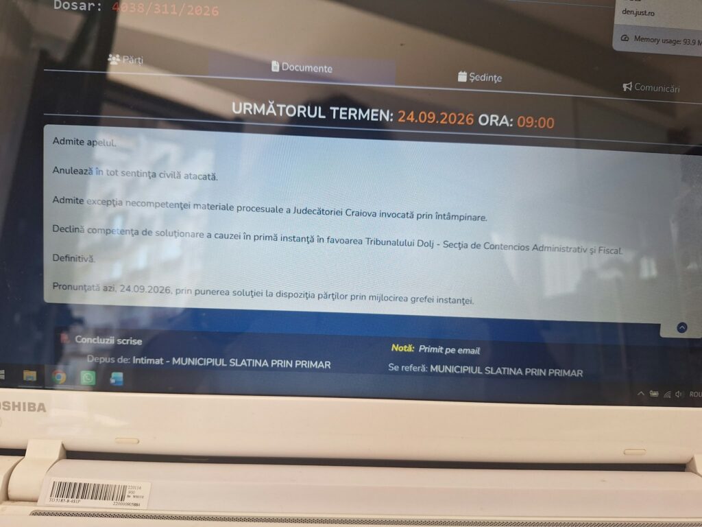 Romanian legal document on a computer screen, showing the next deadline: 24.09.2026 at 09:00, with text blocks below.