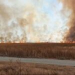 Wildfire burning across a flat field with tall dry grass and smoke rising toward the sky, near a dirt road in the foreground.