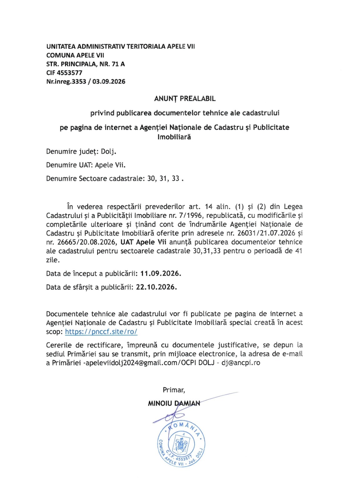 Official public notice document from Dolj County about publishing technical cadastral documents on the National Agency of Cadastre and Real Estate Publicity site, dated Sept 11, 2026, with a blue round stamp.