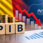 Romanian GDP (PIB) blocks with stacked coins as a red downward arrow drops along a bar chart, Romania flag in background and INS logo (statistical institute).