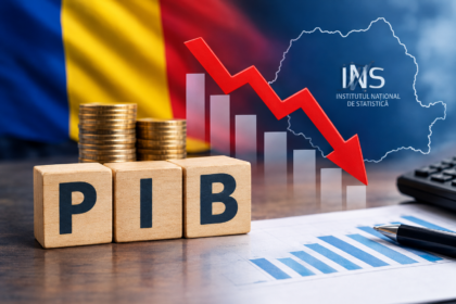 Romanian GDP (PIB) blocks with stacked coins as a red downward arrow drops along a bar chart, Romania flag in background and INS logo (statistical institute).
