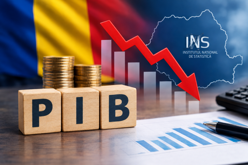 Romanian GDP (PIB) blocks with stacked coins as a red downward arrow drops along a bar chart, Romania flag in background and INS logo (statistical institute).