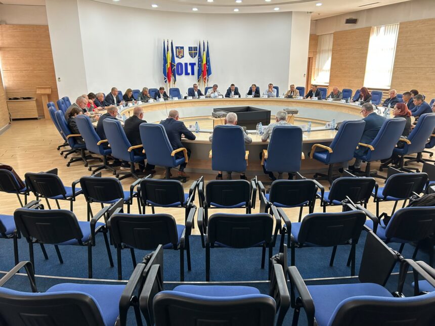 Large round conference table with many attendees in blue chairs, flags and coats of arms on the wall behind.