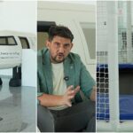 Triptych: left panel shows a white 'Check-in to Play!' playground pod in a bright lobby; center panel features a man in a green blazer speaking and gesturing; right panel shows an indoor trampoline area with white netting and padding.