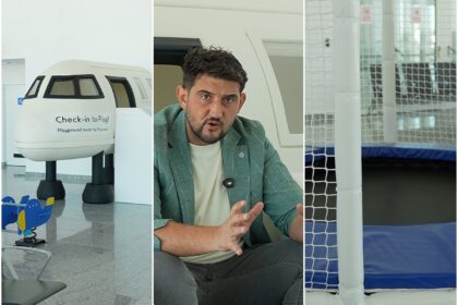 Triptych: left panel shows a white 'Check-in to Play!' playground pod in a bright lobby; center panel features a man in a green blazer speaking and gesturing; right panel shows an indoor trampoline area with white netting and padding.