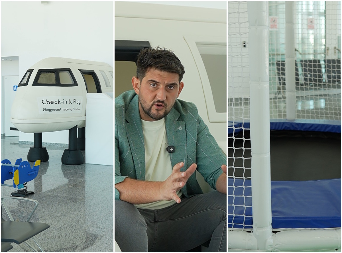 colaj sorin manda - Jurnalul Olteniei – Știri din Craiova și Oltenia Triptych: left panel shows a white 'Check-in to Play!' playground pod in a bright lobby; center panel features a man in a green blazer speaking and gesturing; right panel shows an indoor trampoline area with white netting and padding.