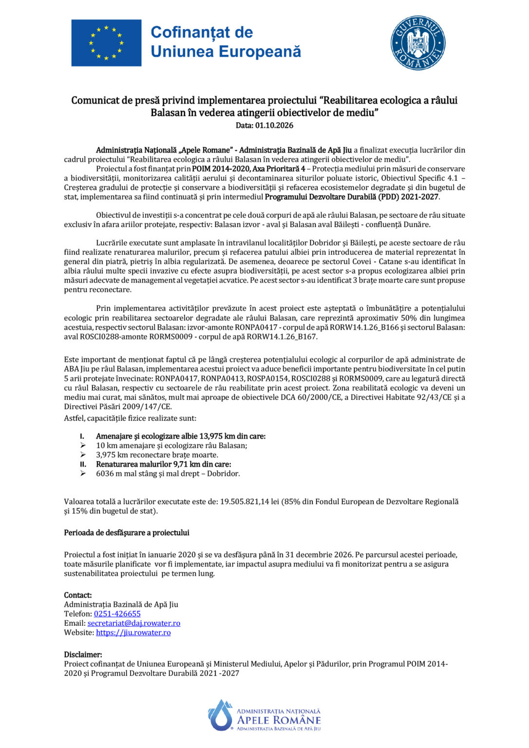 EU and Romanian government letterhead with logo row and bold Romanian title: 'Comunicat de presă ... Data: 01.10.2026'