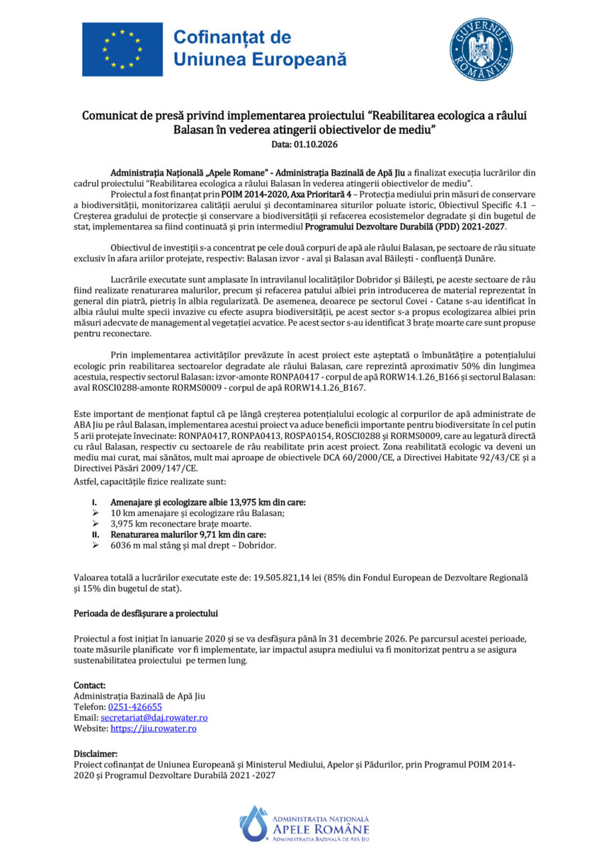 EU and Romanian government letterhead with logo row and bold Romanian title: 'Comunicat de presă ... Data: 01.10.2026'